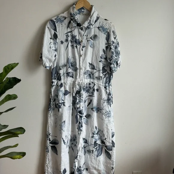 Lungo L'arno Linen Blue Floral Dress Size M With Pockets Midi Made in Italy - Picture 2 of 15